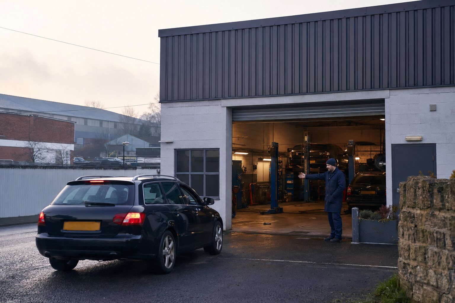 Car arriving at an independent garage workshop