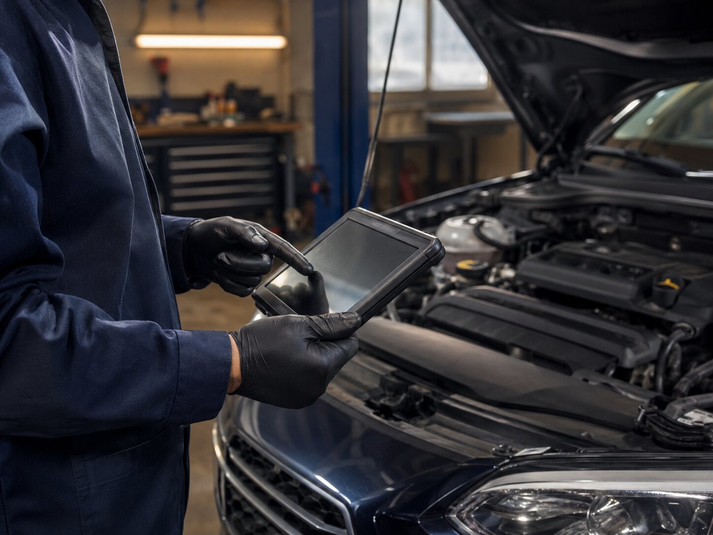 Technician using a diagnostic tablet beside an open car bonnet